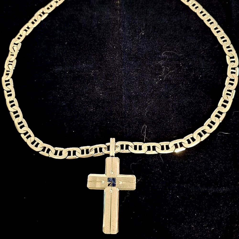 18k gold cross and 18k chain, 18"